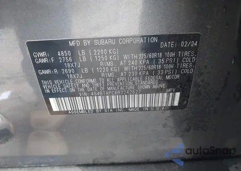 2024 Subaru Outback Touring z USA, uszkodzony, nr VIN 4S4BTAPC6R3242627